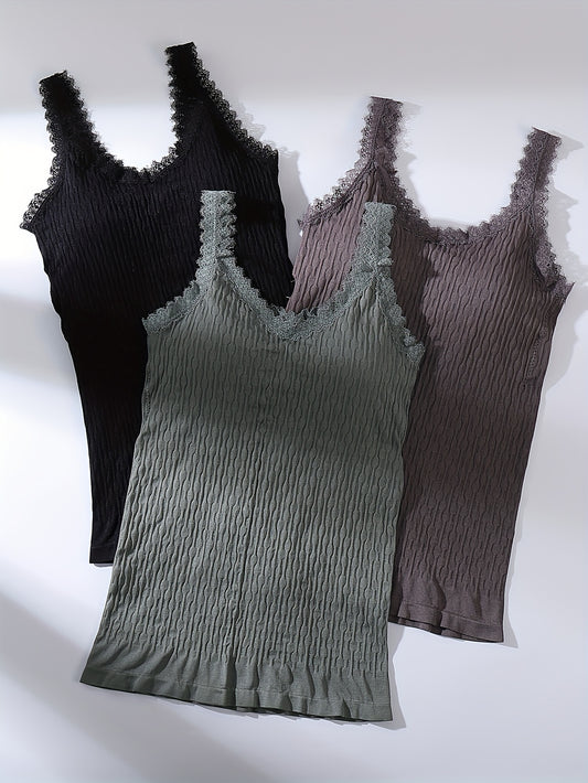 3pcs Lace Stitching Tank Tops V Neck Sleeveless Padded Top Women's Lingerie