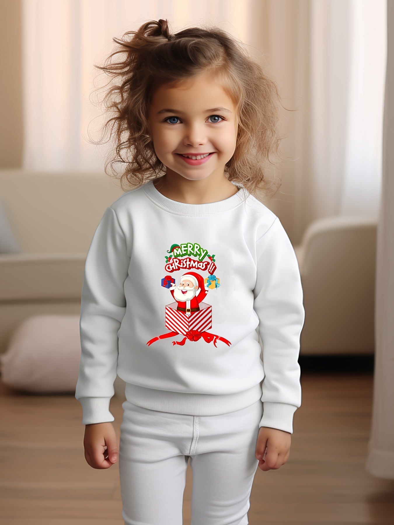 Christmas Santa Print Girls Sweatshirt Crew Neck Tops