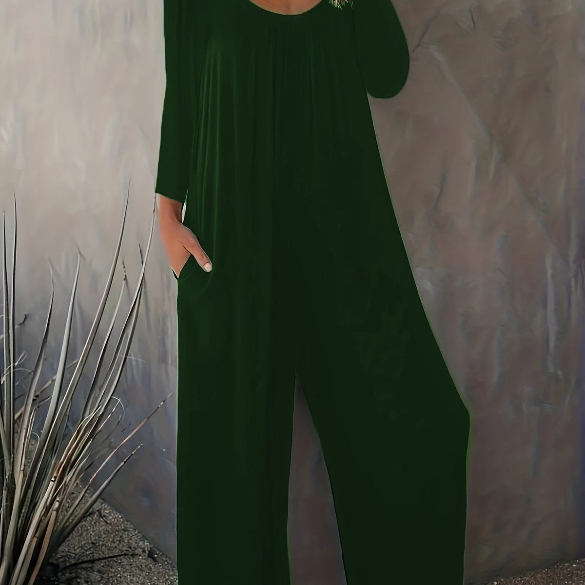  Casual Jumpsuit Solid Long Sleeve Wide Leg Jumpsuit With Pockets