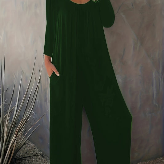  Casual Jumpsuit Solid Long Sleeve Wide Leg Jumpsuit With Pockets