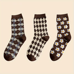 Floral & Plaid Print Socks Retro College Style Women's Stockings