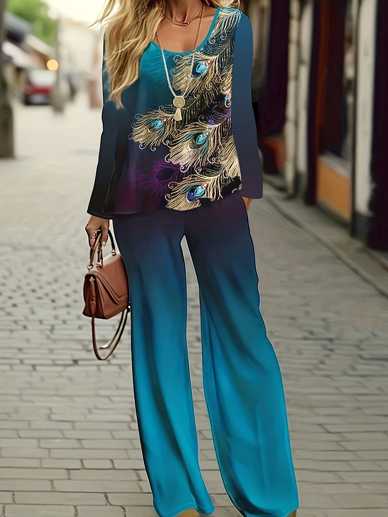 Women's Plus Peacock Print Top & Wide Leg Pants Set