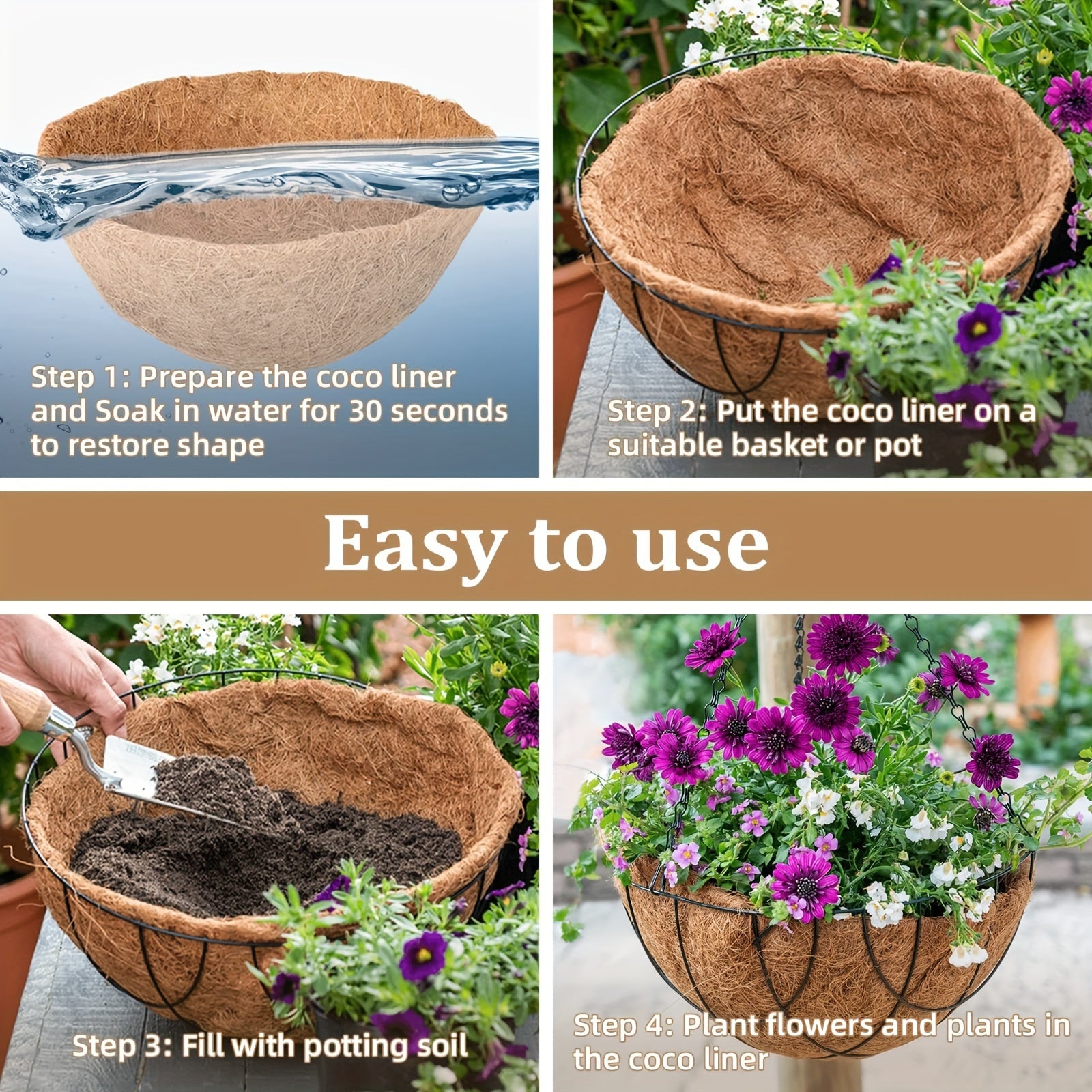 4pcs 12 Inch Coconut Liners Round Hanging Basket Liners