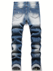 Patterned Ripped Straight Slim Fit Denim Jeans