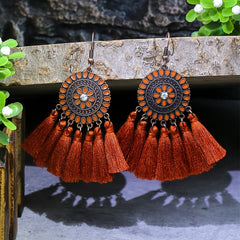 Bohemian Style Fan Shaped Tassel Earrings with Rhinestones