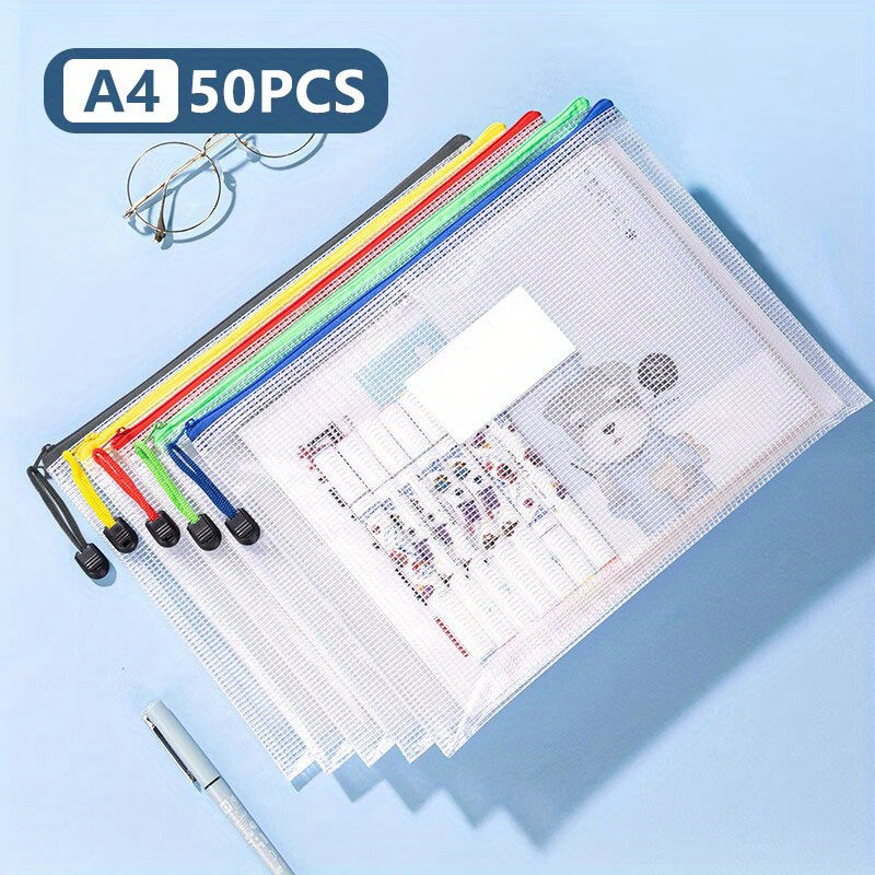 50pcs A4 Size Waterproof Zipper Bag With Tag Belt Mesh Zipper Bag