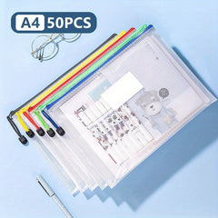 50pcs A4 Size Waterproof Zipper Bag With Tag Belt Mesh Zipper Bag