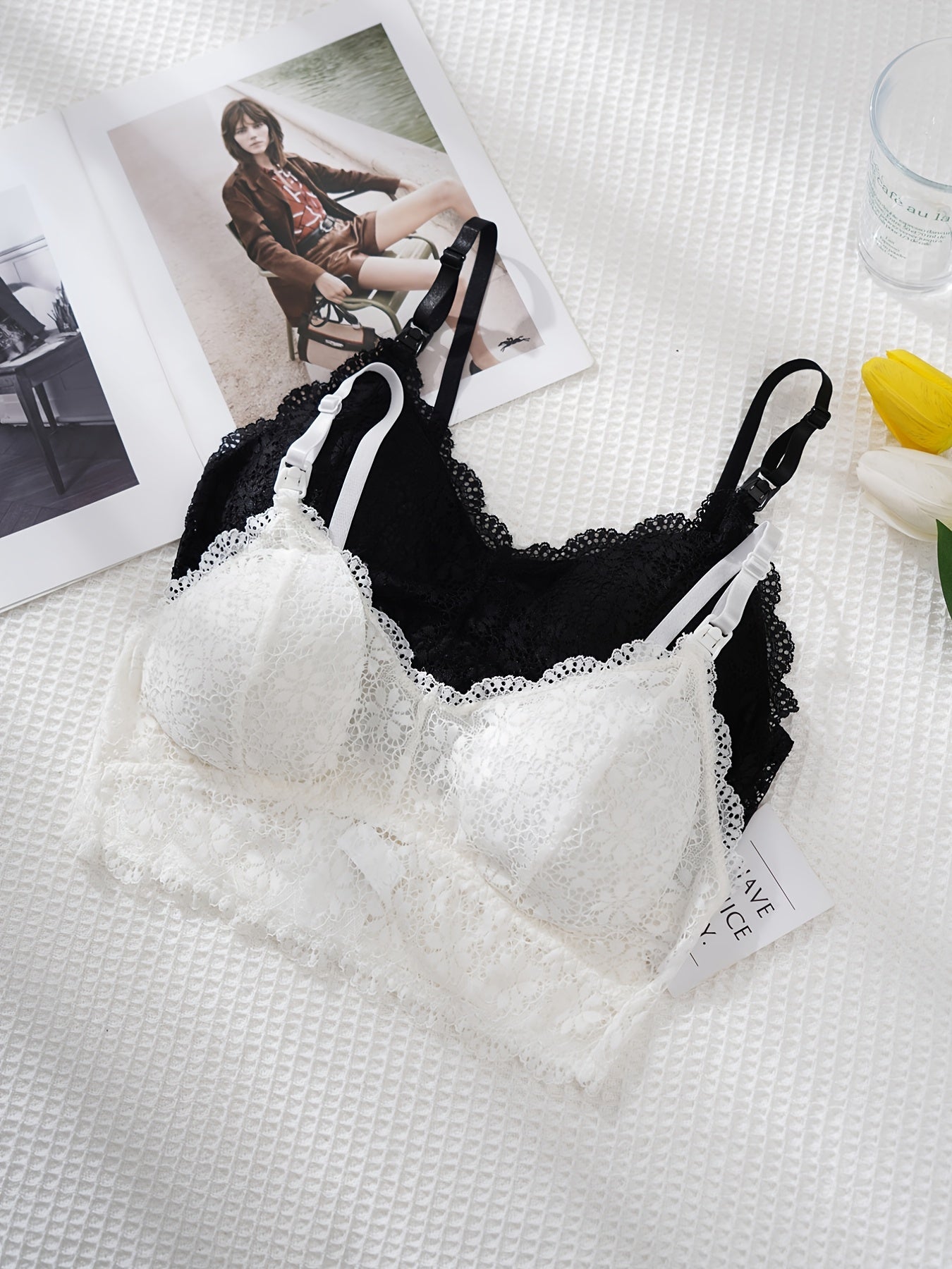 2pcs Lace Wireless Bras Scalloped Trim Intimates Bra Women's Lingerie
