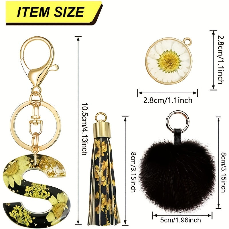 Sunflower Pattern Resin Letter Keychain with Tassel