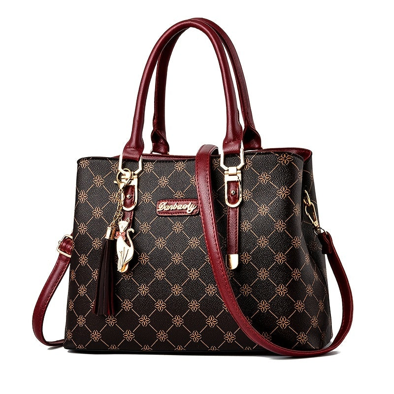 Vintage Print Tote Bag Zipper Shoulder Satchel Bag