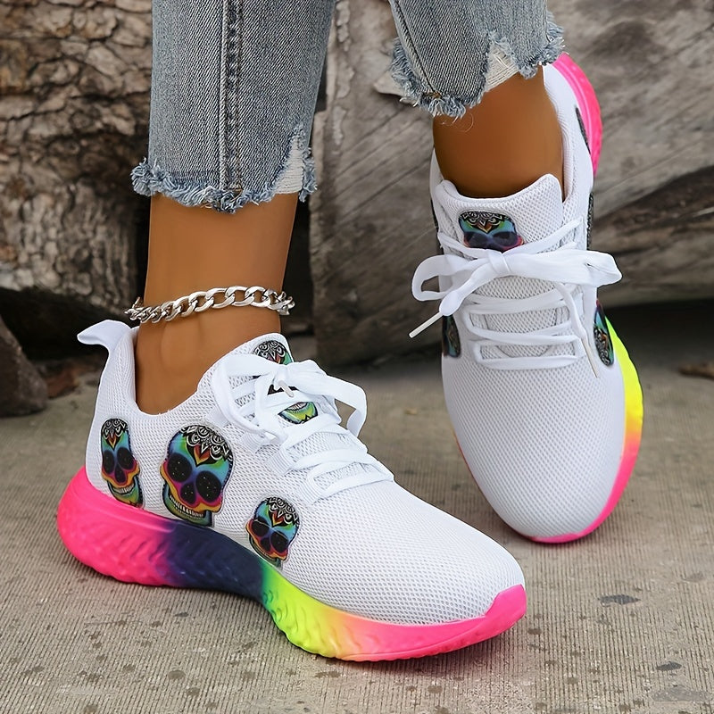 Colorful Skull Pattern Sneakers Lace Up Knit Mesh Shoes Lightweight Breathable