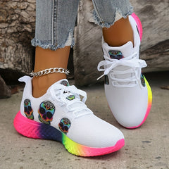 Colorful Skull Pattern Sneakers Lace Up Knit Mesh Shoes Lightweight Breathable