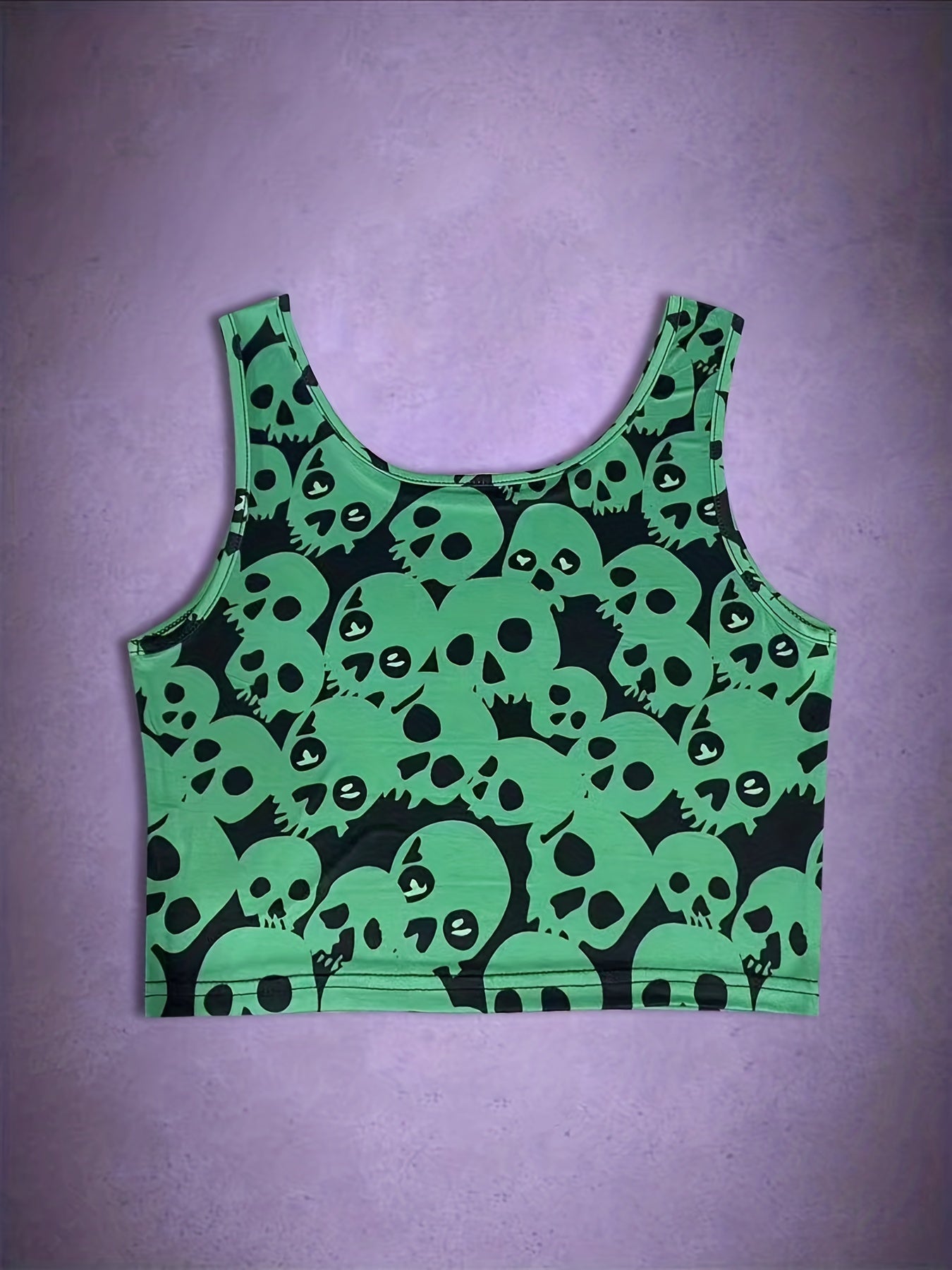 Halloween Skull Print Crop Tank Top Sexy Crew Neck Sleeveless Top For Summer