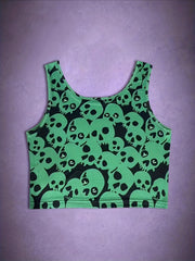 Halloween Skull Print Crop Tank Top Sexy Crew Neck Sleeveless Top For Summer