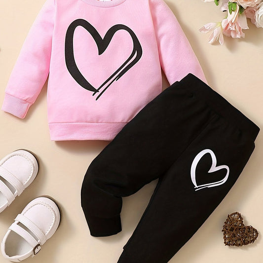 2pcs Baby Girls Heart Print Pink Sweatshirt & Sweatpants