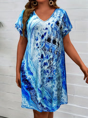 Abstract Print V Neck Midi Dress