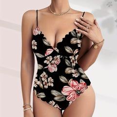 Floral Print V neck Cami Bodysuit Sexy Scallop Trim