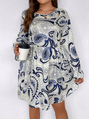 Paisley Floral Print Flounce Sleeve Round Neck Mini Dress