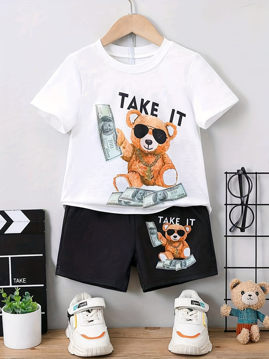 Sunglasses Bear Pattern Boy's 2pcs T shirt & Shorts Set