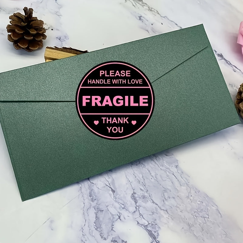 2" Pink Fragile Handle Heart Label Stickers 60pcs Adhesive