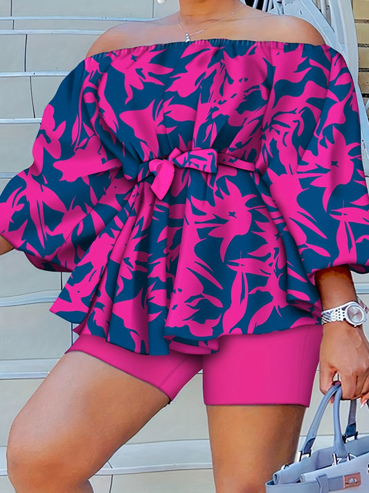  Allover Print Off Shoulder Top & Shorts Set