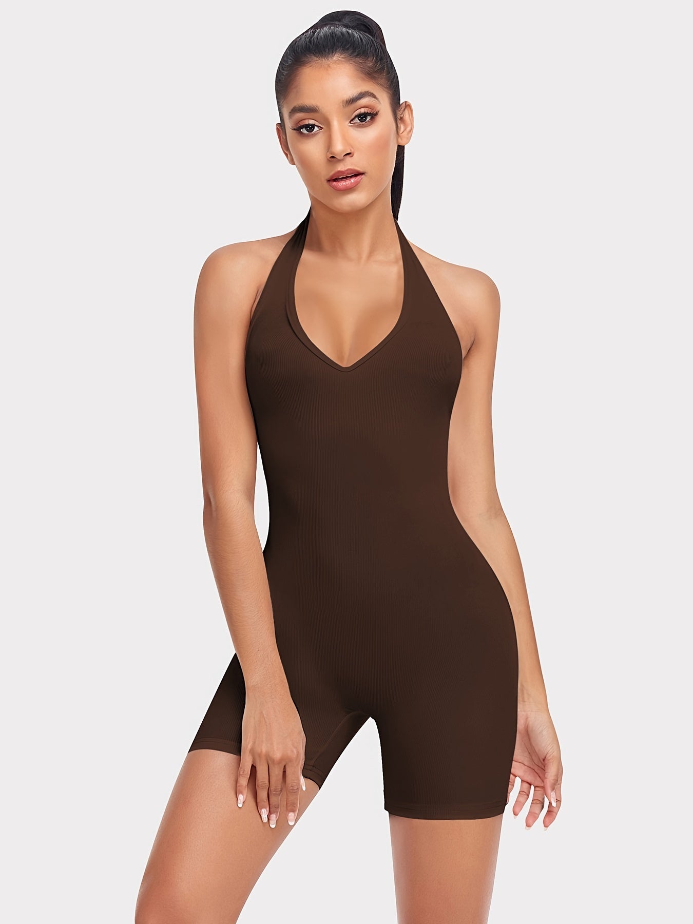 Women's Halter Neck Workout Bodysuit Sleeveless Tank Short Yoga Running