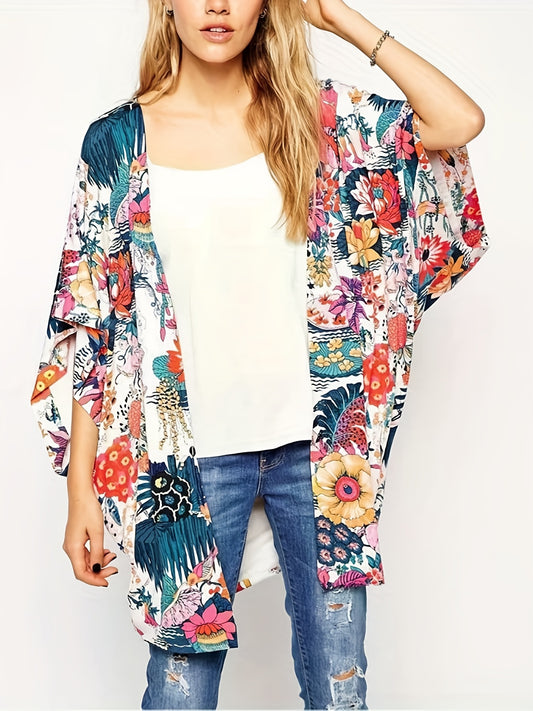 Floral Print Chiffon Kimono Cover Up Soft Loose Beach Cover Up Top