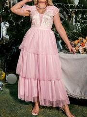  Colorblock Floral Embroidery Maxi Bridesmaid Dress