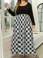  Colorblock Plaid Print Maxi Dress with Pockets