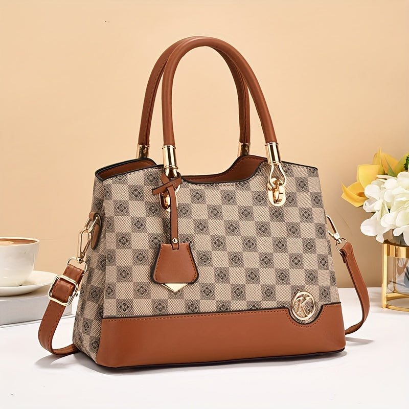 Geometric Plaid Faux Leather Top Handle Bag for Women