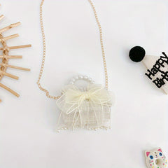 Kids Mesh Bow Handbag w/ Faux Pearl Handle Mini Messenger Bag