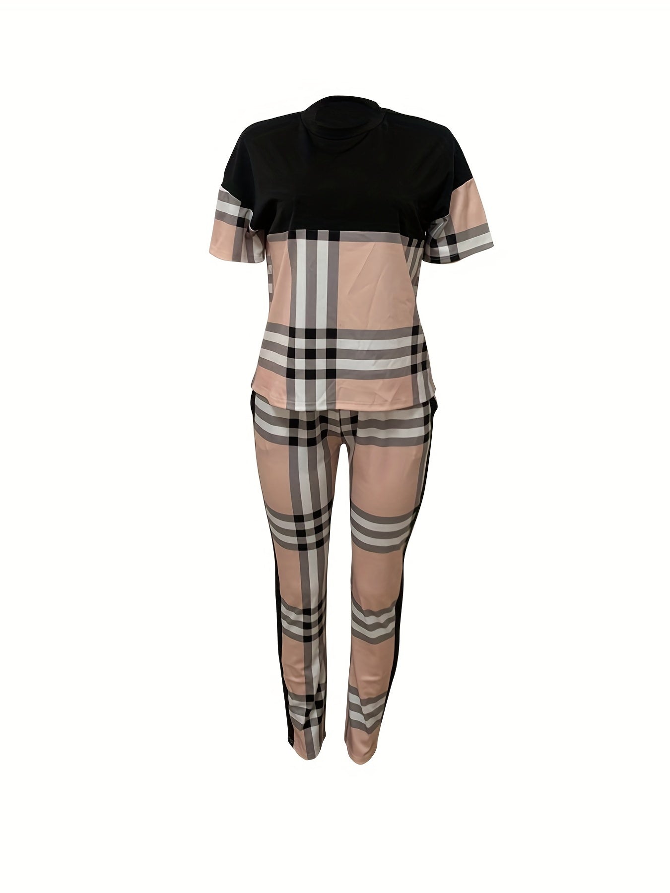 Casual Plaid 2pc Set Short Sleeve T shirt & High Waist Pants Outfit