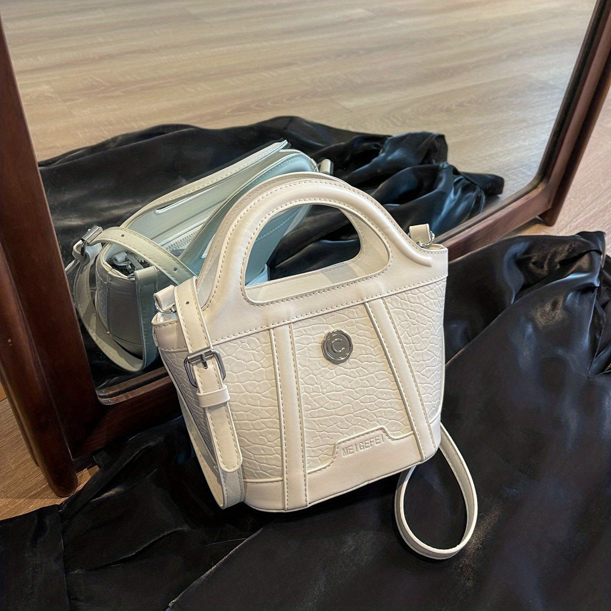 Small Satchel Crossbody Bucket Bag PU Leather Textured Bag Purse Classic