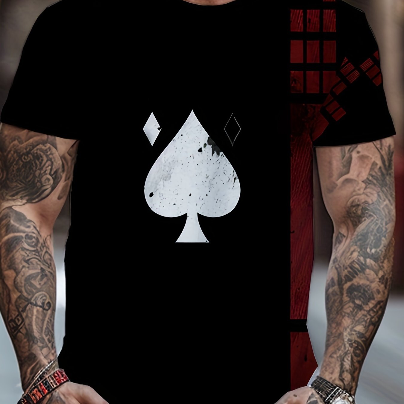 Men's 3D Spade Print T-shirt Casual Crew Neck Tee