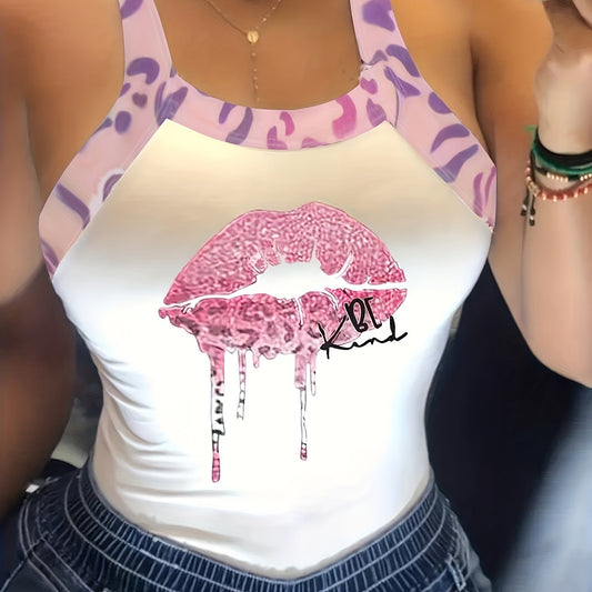 Leopard & Lip Print Tank Top Sleeveless Casual Summer Women's Clothing