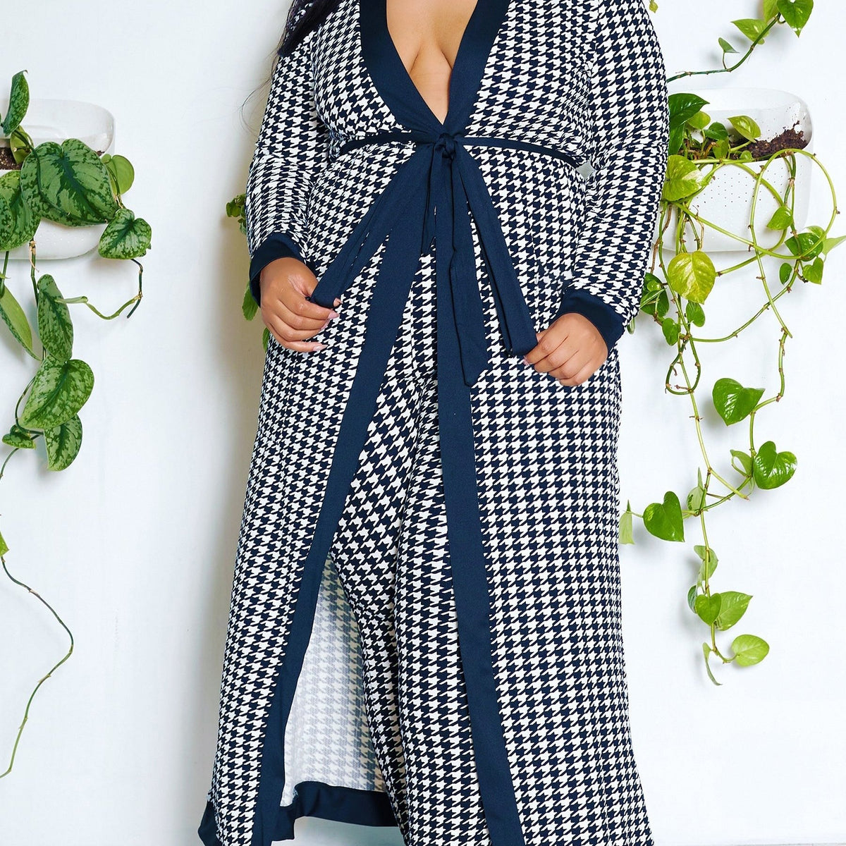  Houndstooth Print Robe & Pants Set