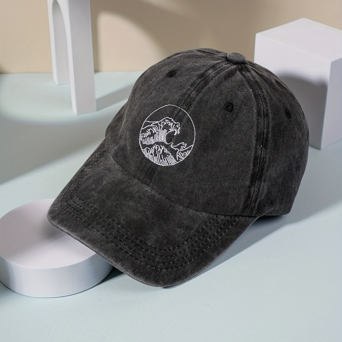 Wave Embroidery Baseball Cap Vintage Washed Distressed Dad Hat