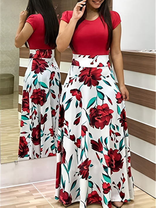 Splicing Crew Neck Dress Short Sleeve Pleated Maxi Dress Women's Clothing