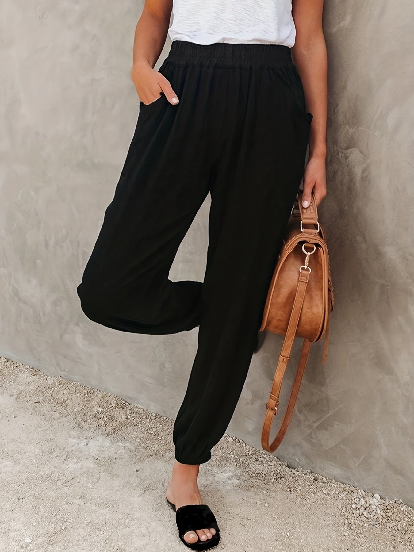 Ruched Pants Elastic High Waist Cropped Pants With Pockets