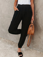 Ruched Pants Elastic High Waist Cropped Pants With Pockets