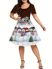  Christmas Casual Dress Women's Snowman & Plaid Print Short Sleeve
