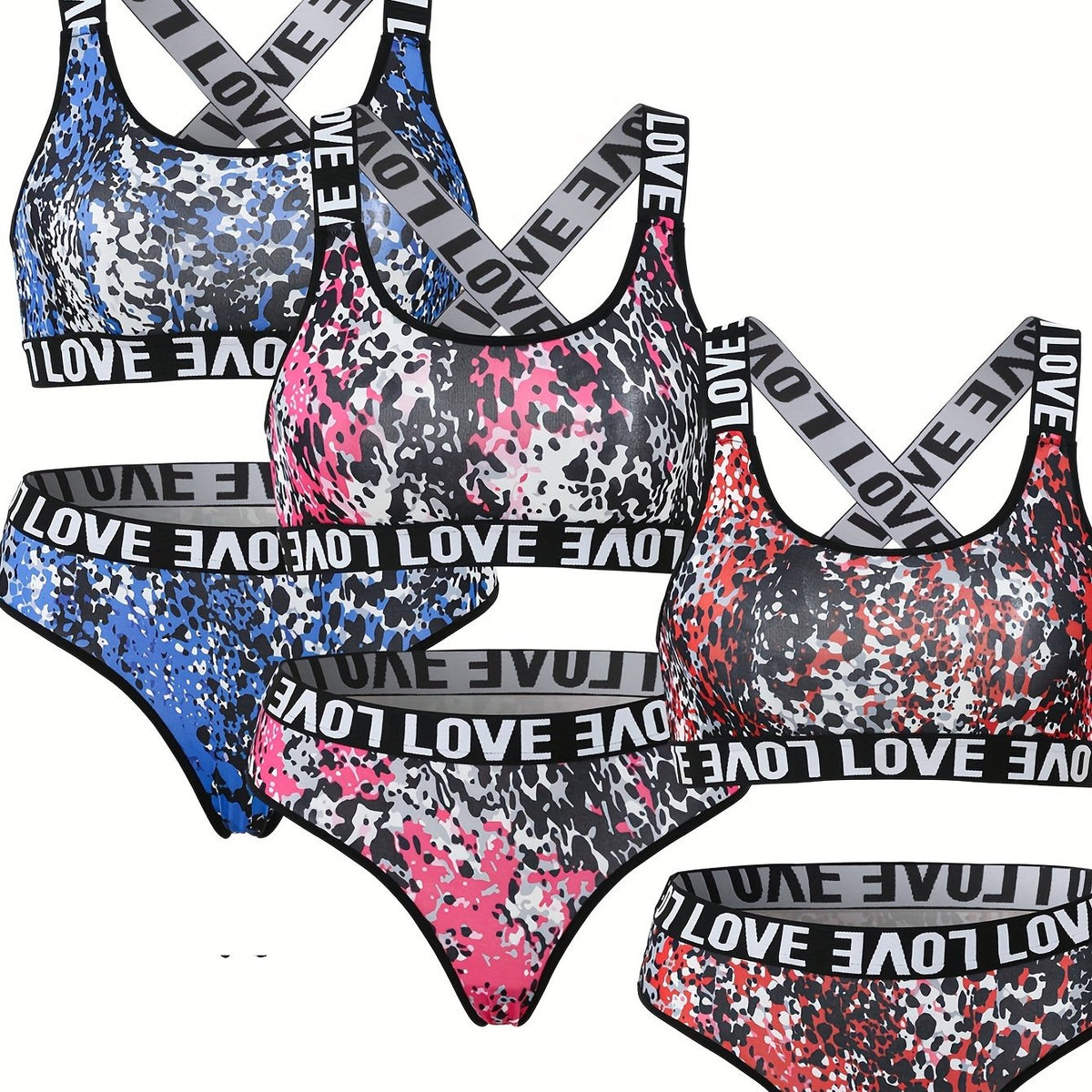 6 Pack Plus Size Sports Lingerie Set Women's Plus Print Bra & Panty