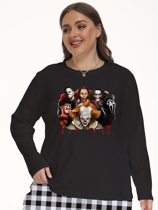 Horror Figure Print Plus Size Halloween Top