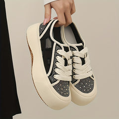 Rhinestone Mesh Low Top Chunky Shoes Women's Casual Heightening Board Shoes