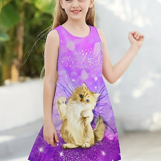 Cat Graphic Sleeveless Summer Dress for Girls