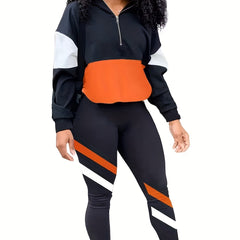  Colorblock Zipper Top & Leggings Set