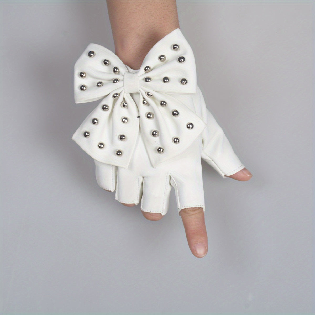 Rivet Bow PU Leather Gloves Punk Dance Performance Half Finger Gloves