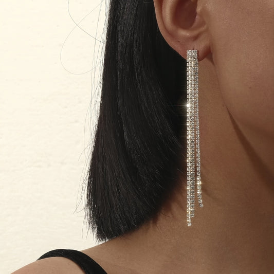 Long Rhinestones Tassel Drop Earrings for Women Girls