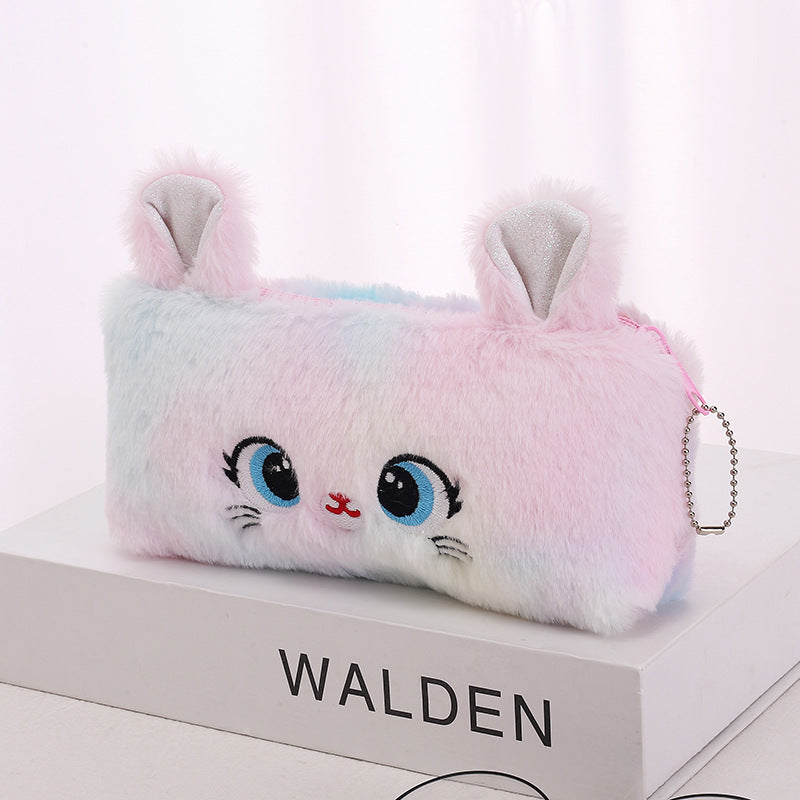 Plush Tie Dye Cat Zipper Pencil Bag Organizer Coin Purse Wallet