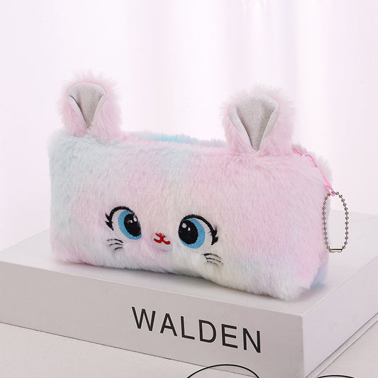 Plush Tie Dye Cat Zipper Pencil Bag Organizer Coin Purse Wallet